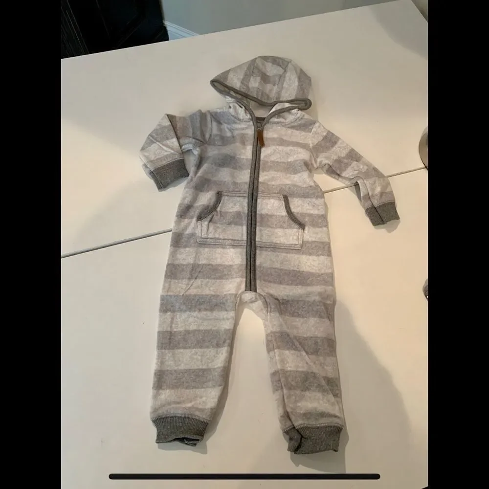 NWT New CARTERS GARANIMALS Set Fleece Gray White Stripe Coverall & Tee Shirt 18m